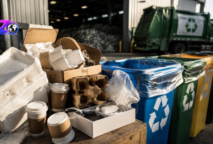Is Styrofoam recyclable? A collection of discarded white foam packaging, coffee cups, and cardboard boxes placed next to colorful recycling bins at a waste management facility.