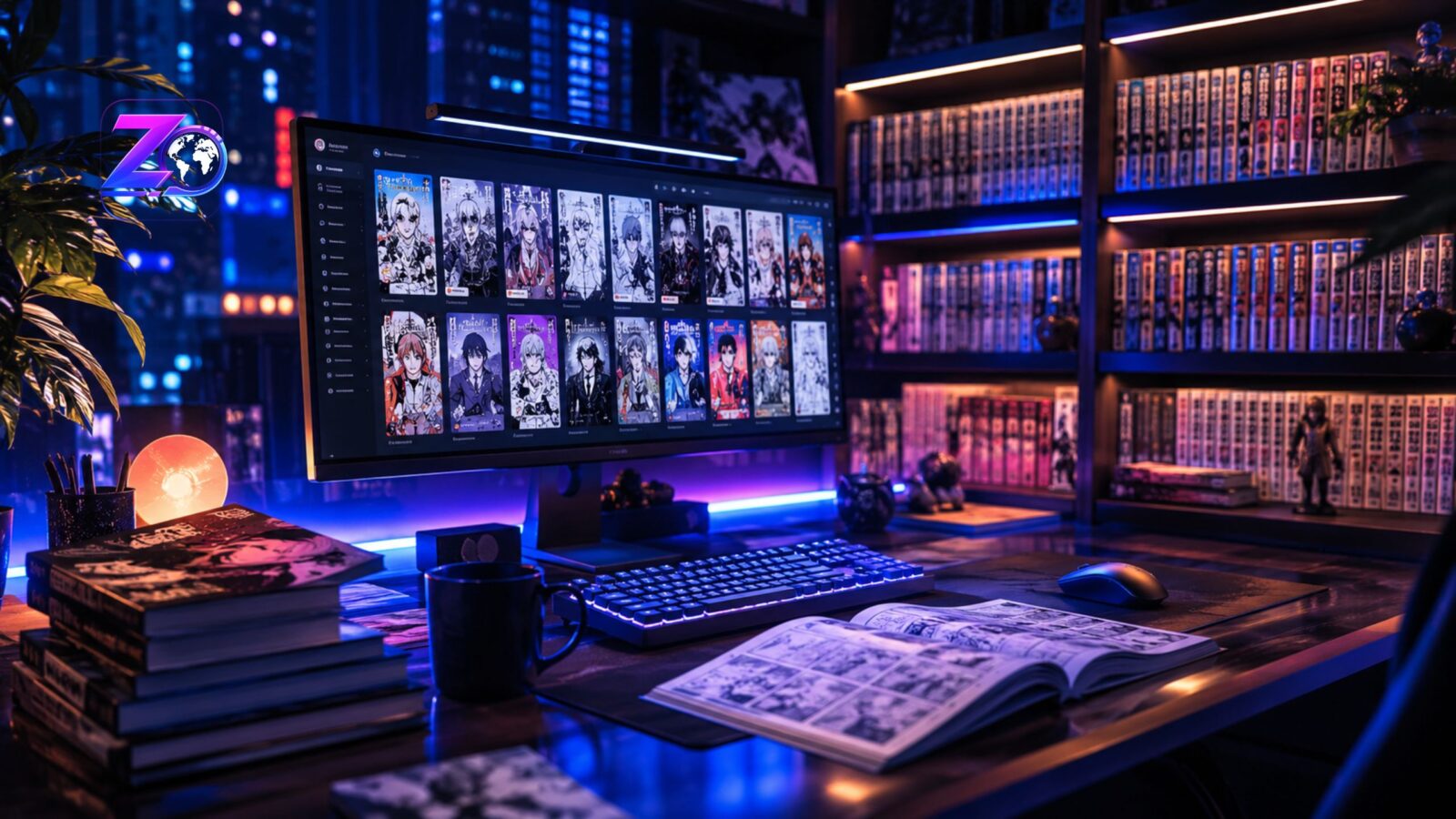 A dark, aesthetic desk setup featuring a computer monitor displaying the WeebCentral manga reading platform alongside manga volumes.