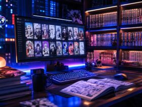 A dark, aesthetic desk setup featuring a computer monitor displaying the WeebCentral manga reading platform alongside manga volumes.