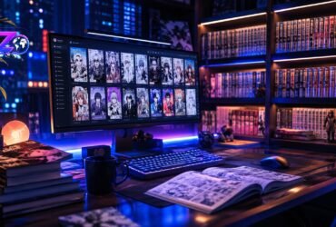A dark, aesthetic desk setup featuring a computer monitor displaying the WeebCentral manga reading platform alongside manga volumes.
